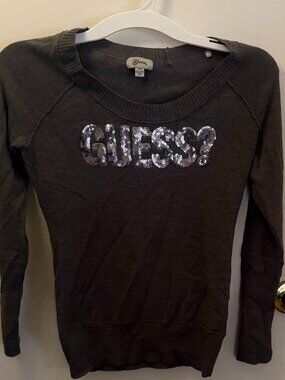 Y2K Guess Gray Sequin Logo Long-Sleeve Sweater Size L